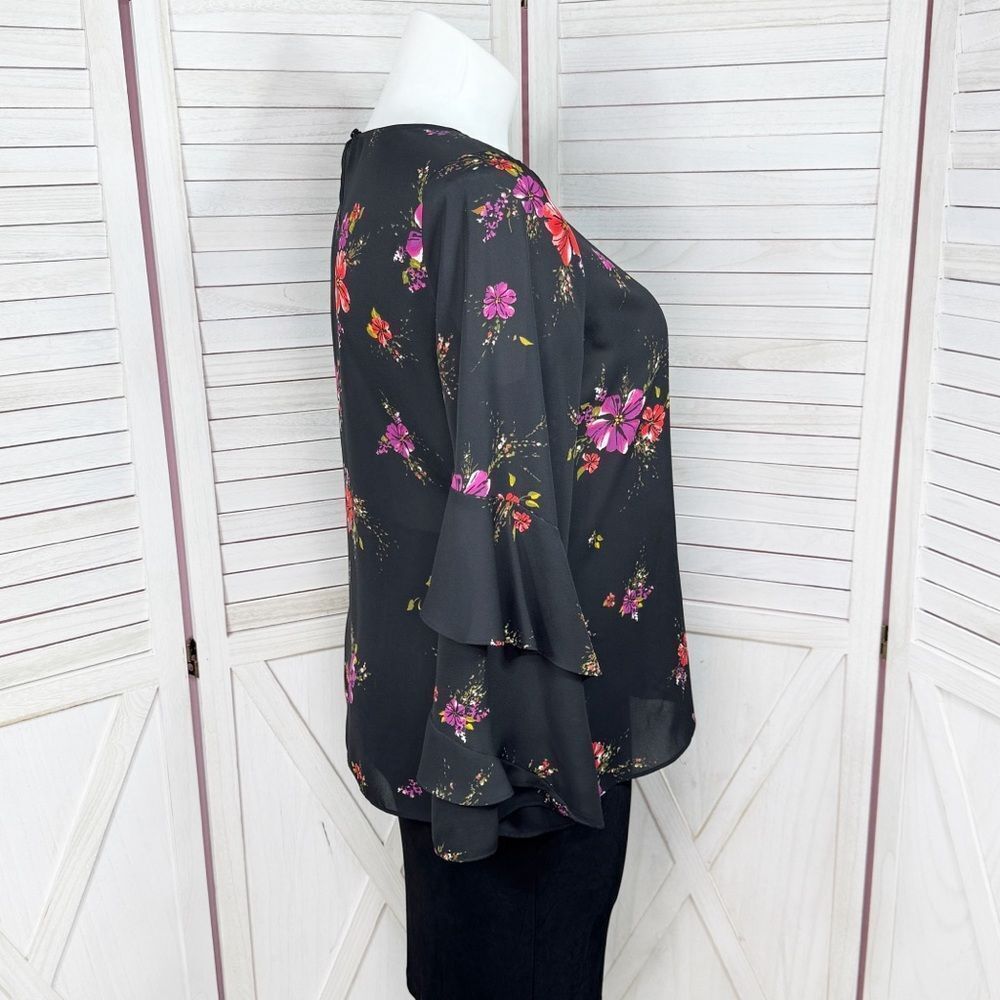 Worthington Boho Floral Blouse Tiered Ruffle‎ Bell Sleeve Black Pink Large - Picture 3 of 12